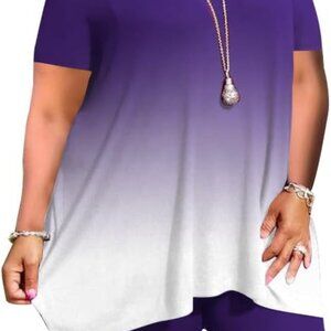 Plus Size Women's 2 Piece Outfit Set in Purple Gradient, Short Sleeve Top & Legg
